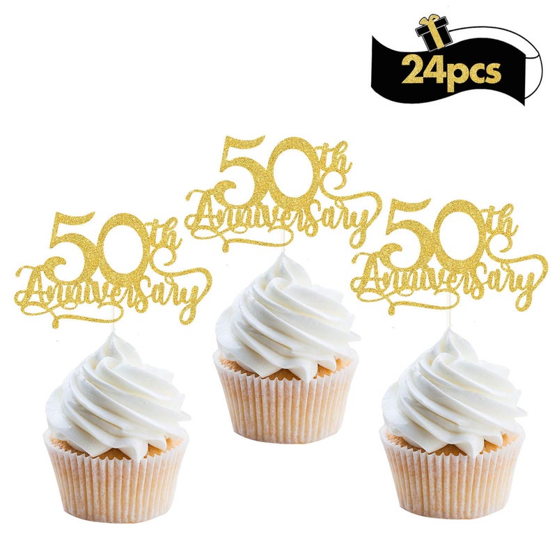 24Pcs Gold Glitter 50th Anniversary Cupcake Topper Happy 50th Cheers to 50 Years Cupcake Topper 50th Birthday Wedding Anniversary Party Decoration Suppliers