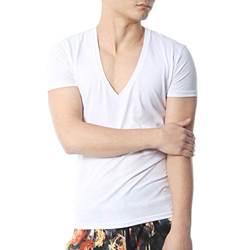 Zbrandy Men's Deep V Neck T Shirts Tight Tee Shirts Stepped Hem Colour White Size XXL - Image 3