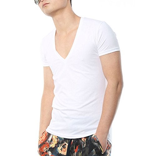 Zbrandy Men's Deep V Neck T Shirts Tight Tee Shirts Stepped Hem Colour White Size XXL - Image 2