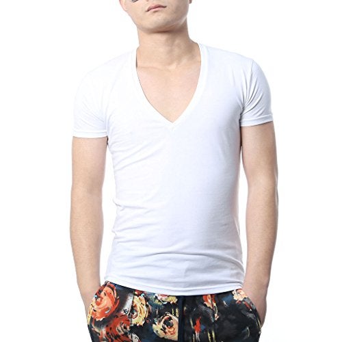 Zbrandy Men's Deep V Neck T Shirts Tight Tee Shirts Stepped Hem Colour White Size XXL - Image 1