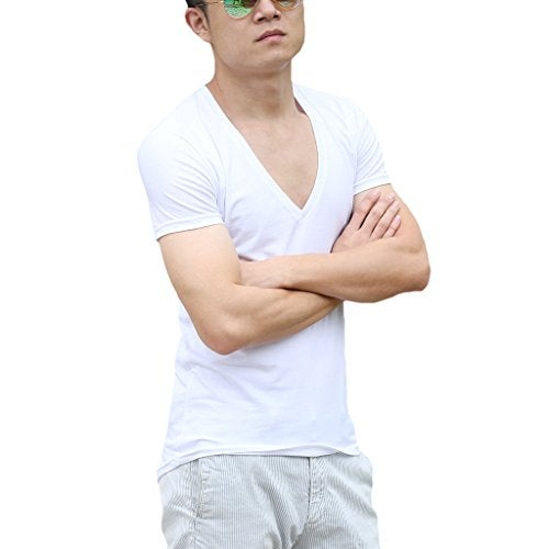 Zbrandy Men's Deep V Neck T Shirts Tight Tee Shirts Stepped Hem Colour White Size XXL - Image 4