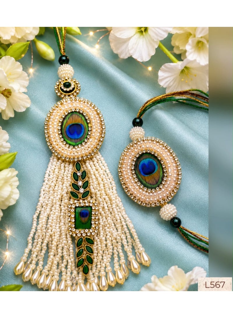 Premium Peacock Design Rakhi Set for Bhaiya Bhabhi with Pearl Beads