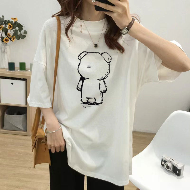 Maternity Cotton Tee Oversized Loose Summer Fashion White (reflection bear) 