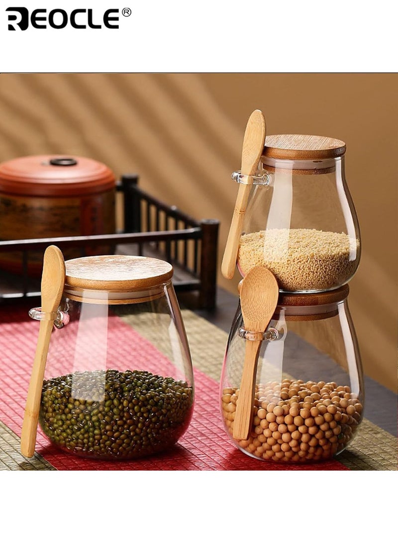 REOCLE 3pcs Sealed Glass Storage Jar Set with Spoon Airtight Container for Coffee Sugar Tea Salt Candy Kitchen Pantry Organization Essentials - Image 2