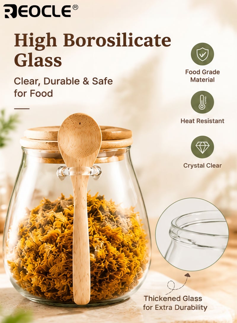 REOCLE 3pcs Sealed Glass Storage Jar Set with Spoon Airtight Container for Coffee Sugar Tea Salt Candy Kitchen Pantry Organization Essentials - Image 3