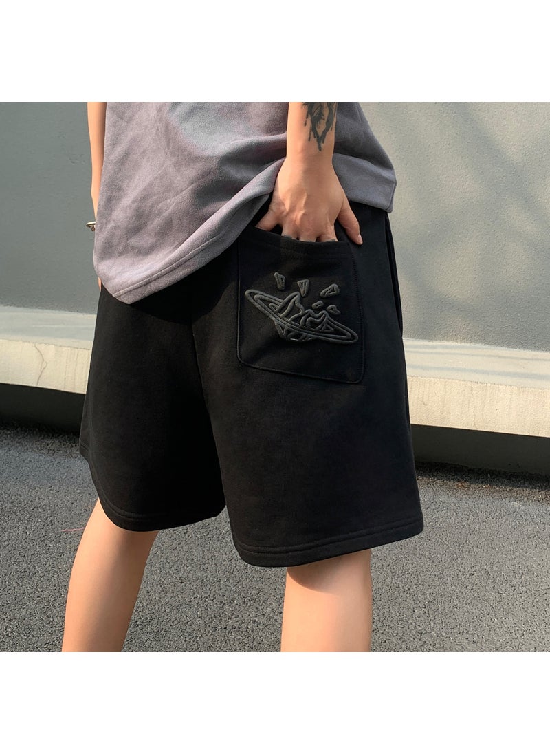 Generic - Broken Planet Skull Star Print Casual Drawstring Shorts Black - Image 1