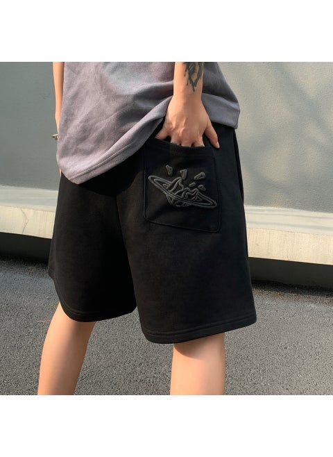 Broken Planet Skull Star Print Casual Drawstring Shorts Black