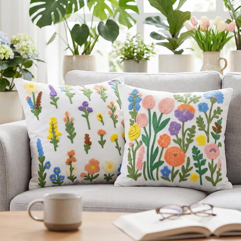 Gilprop 2 Pcs Embroidered Throw Pillow Covers 18 x 18 Inches Square Pillowcases Boho Pattern Cushion Covers Cushion Cases for Bed Couch Sofa Living Room Home Decor(Flowers) - Image 3