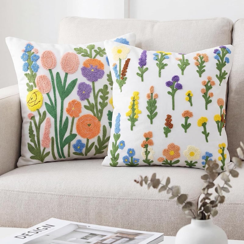 Gilprop 2 Pcs Embroidered Throw Pillow Covers 18 x 18 Inches Square Pillowcases Boho Pattern Cushion Covers Cushion Cases for Bed Couch Sofa Living Room Home Decor(Flowers) - Image 4