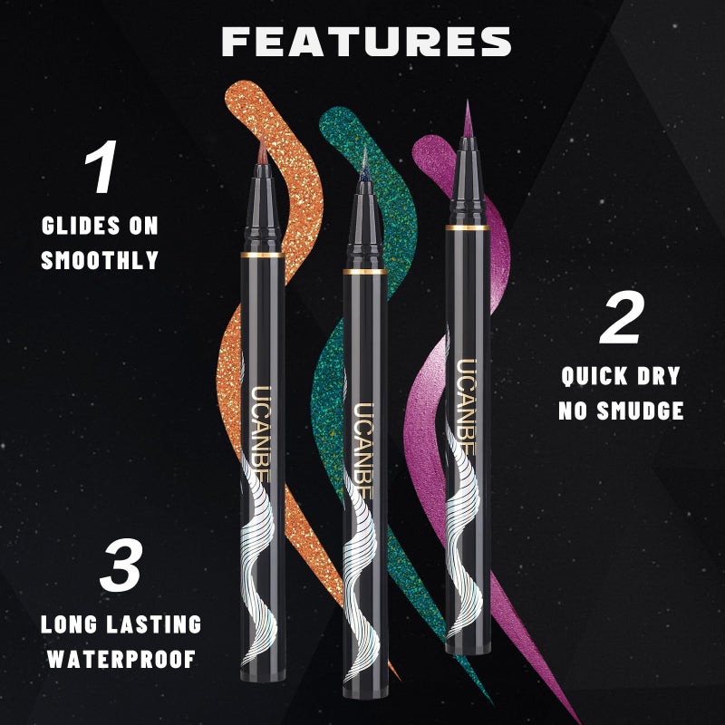 UCANBE 3PC Glitter Liquid Eyeliner Makeup Pen, Green, Pink, Orange Color Metallic Satin Finish Eye Liner Set, Long Lasting High Pigmented with Waterproof & Smudge Proof Formula - Image 2