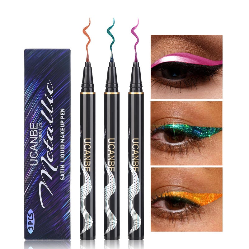 UCANBE 3PC Glitter Liquid Eyeliner Makeup Pen, Green, Pink, Orange Color Metallic Satin Finish Eye Liner Set, Long Lasting High Pigmented with Waterproof & Smudge Proof Formula - Image 1