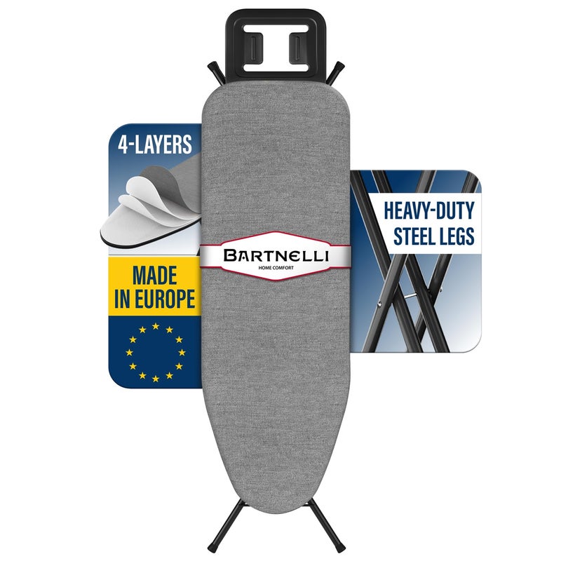 Bartnelli Bartnelli Ironing Board Made in Europe  Iron Board with 4 Layered Cover  Pad Height Adjustable up to 36 Features A Safety Iron Rest 4 Steel Legs for Home Laundry Room or Dorm Use 43x14 