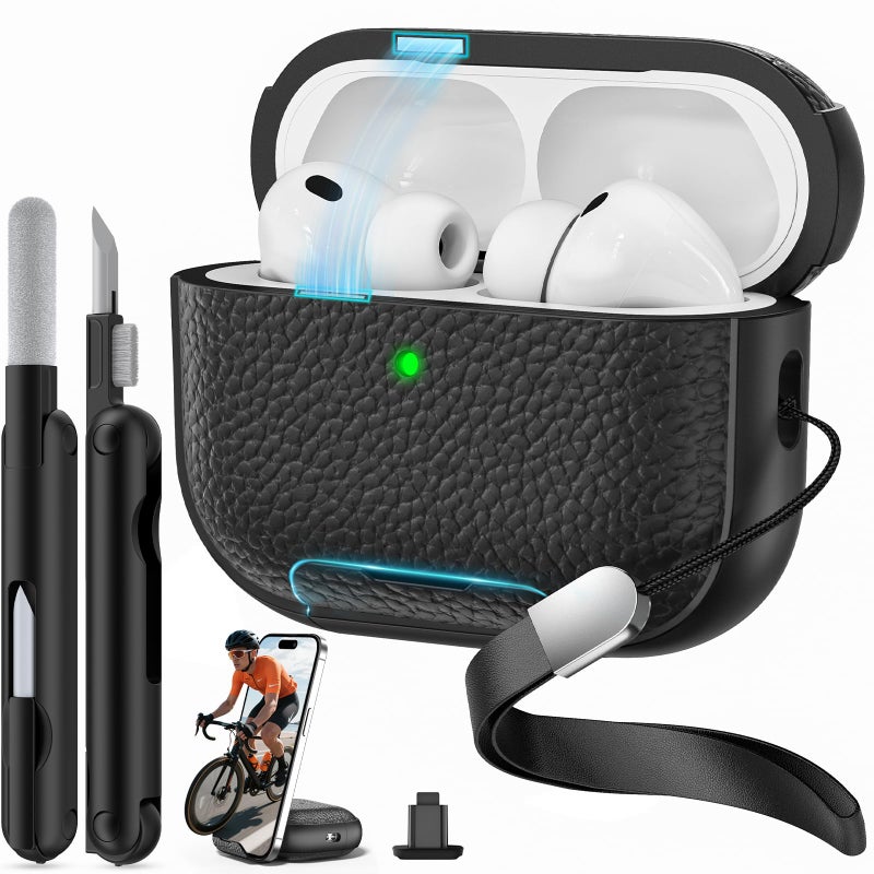 Polislime for AirPods Pro 3 Case 2025 with Magnetic Lid Lock & Phone Stand, TPU Lava Texture for AirPods Pro 3 Generation Case Cover with Wrist Strap & Cleaner, iPod Pro 3 Case for Men Women,Black - Image 1