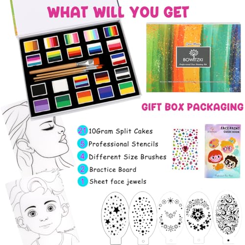 Bowitzki 21 Color Split Cake Face Paint Set Professional Face Painting Kit Kids Adults 10g One Stroke Stencil Brush Practice Board Guide Book Non Toxic Rainbow Body Makeup Halloween Christmas Easter - Image 3