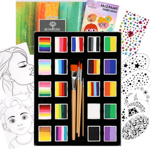 Bowitzki 21 Color Split Cake Face Paint Set Professional Face Painting Kit Kids Adults 10g One Stroke Stencil Brush Practice Board Guide Book Non Toxic Rainbow Body Makeup Halloween Christmas Easter - Image 1