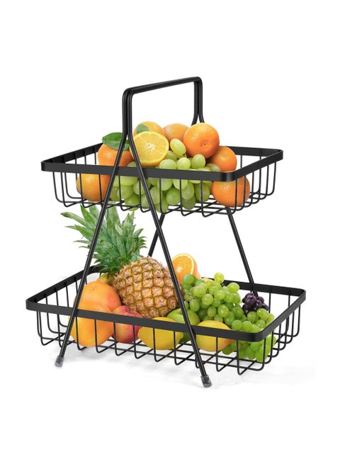 High Grade Mild Steel 2 Tier Fruit & Vegetable Basket, Countertop Tiered Shelf For Dining Table and Kitchen (Black)