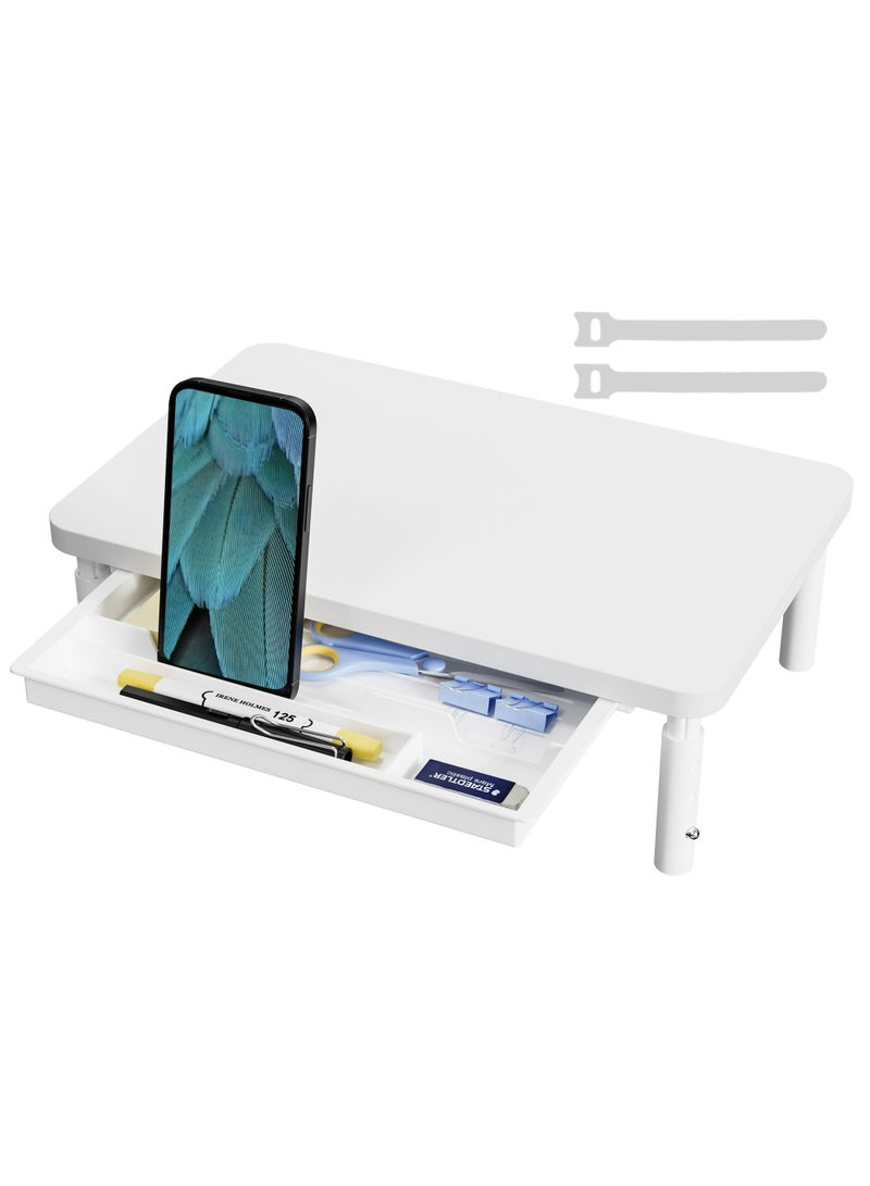 ETHU Monitor Stand Riser, 3 Height Adjustable Monitor Stand with Storage Drawer, Desk Organizer Ergonomic Stand for Computer Printer Laptop PC iMac, White - Image 1