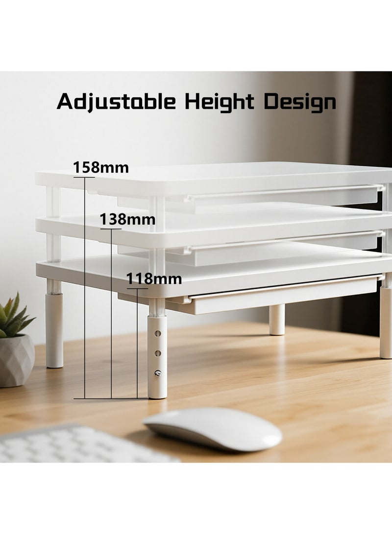 ETHU Monitor Stand Riser, 3 Height Adjustable Monitor Stand with Storage Drawer, Desk Organizer Ergonomic Stand for Computer Printer Laptop PC iMac, White - Image 3