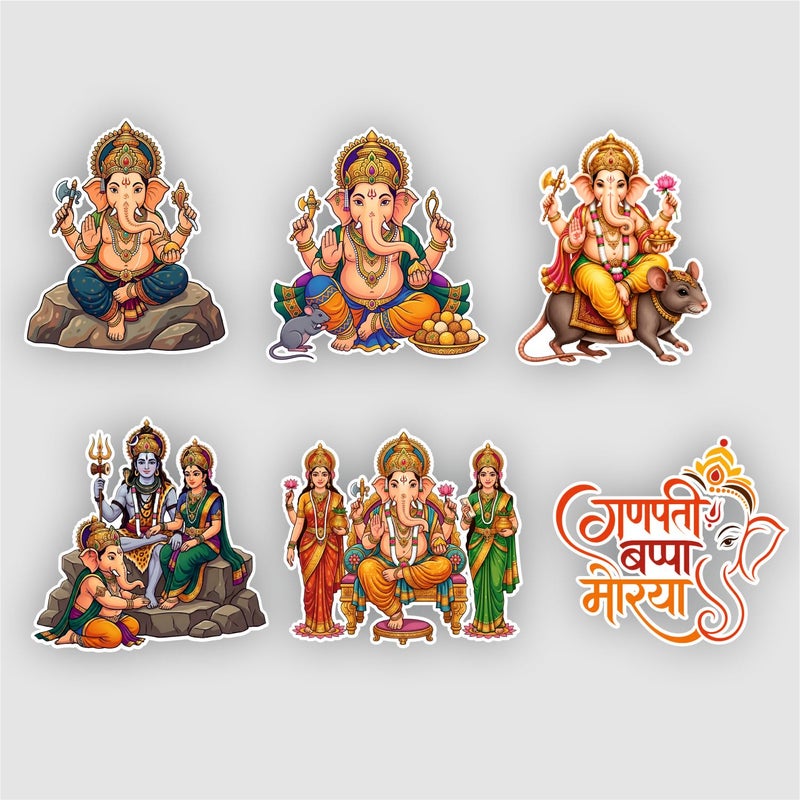 TodFod Lord Ganesha Fridge Magnet Combo Set of 6 | Cartoon Style Ganpati Sitting on Rock, Riding Mouse & Mantra Art | Hindu Mythology Spiritual Decor | 7.62 cm (3 Inch) - Image 1