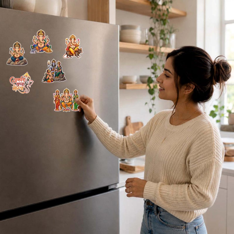 TodFod Lord Ganesha Fridge Magnet Combo Set of 6 | Cartoon Style Ganpati Sitting on Rock, Riding Mouse & Mantra Art | Hindu Mythology Spiritual Decor | 7.62 cm (3 Inch) - Image 5