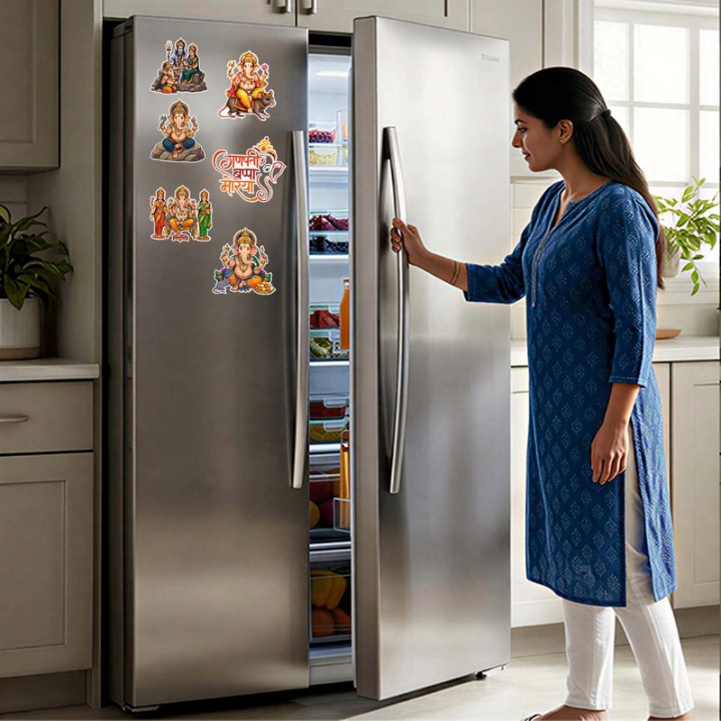 TodFod Lord Ganesha Fridge Magnet Combo Set of 6 | Cartoon Style Ganpati Sitting on Rock, Riding Mouse & Mantra Art | Hindu Mythology Spiritual Decor | 7.62 cm (3 Inch) - Image 4