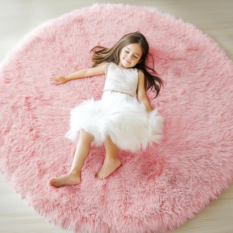 ONASAR Light Pink Round Area Rugs 4ft for Bedroom Living Room, Fluffy Circle Rug for Kids Girls Boys Teen, Soft Plush Shaggy Carpet for Nursery Dorm Classroom Playroom Home Decor Aesthetic - Image 3
