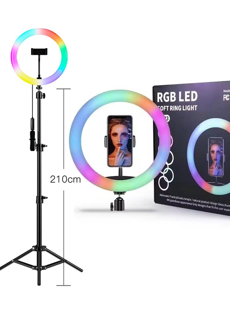 تيكسيم حلقة إضاءة LED RGB، 13 بوصة، حامل ثلاثي القوائم قابل للتعديل 210 سم، وضع متعدد الألوان مع حامل هاتف، جهاز تحكم عن بعد للبث المباشر، التصوير الفوتوغرافي، تيك توك، يوتيوب، إنستغرام - Image 1
