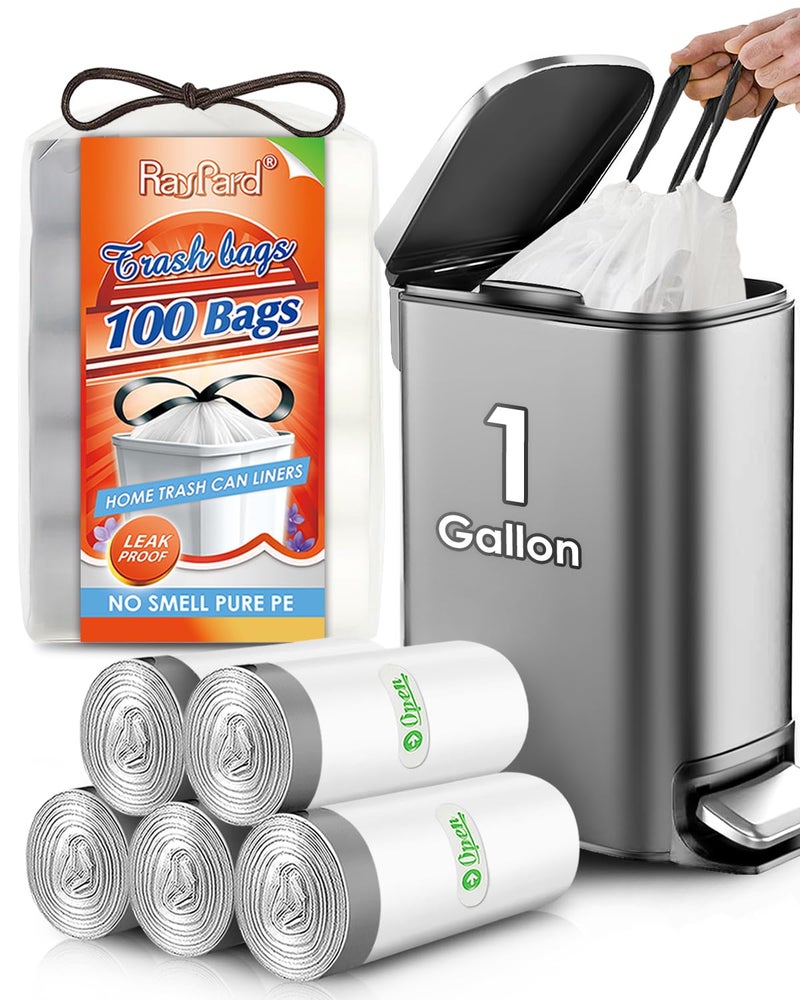 RayPard 1 Gallon 100 Counts Mini Strong Drawstring Trash Bags Garbage Bags by RayPard fit 34 Liter Small Trash Can Tiny Waste Basket Liners for Home Office Bathroom Bedroom Car White - Image 3