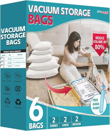 Newunisi 6 Pack Vacuum Storage Bags, Space Saver Compression Bags for Clothing, Comforters, Blankets, Vacuum Seal Bags with Hand Pump. (2×Jumbo, 2×Large, 2×Medium) - Image 1