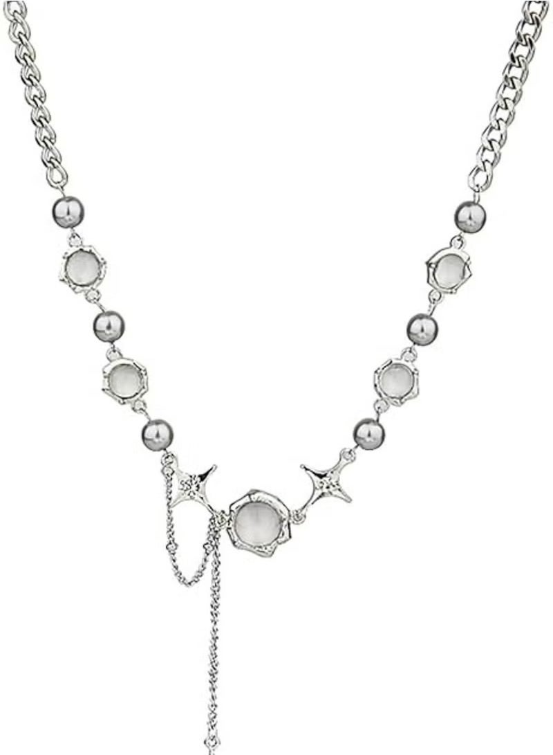 Huitich Charm Statement Necklace with Star & Orb Accents – Silver Color Tone - Image 1