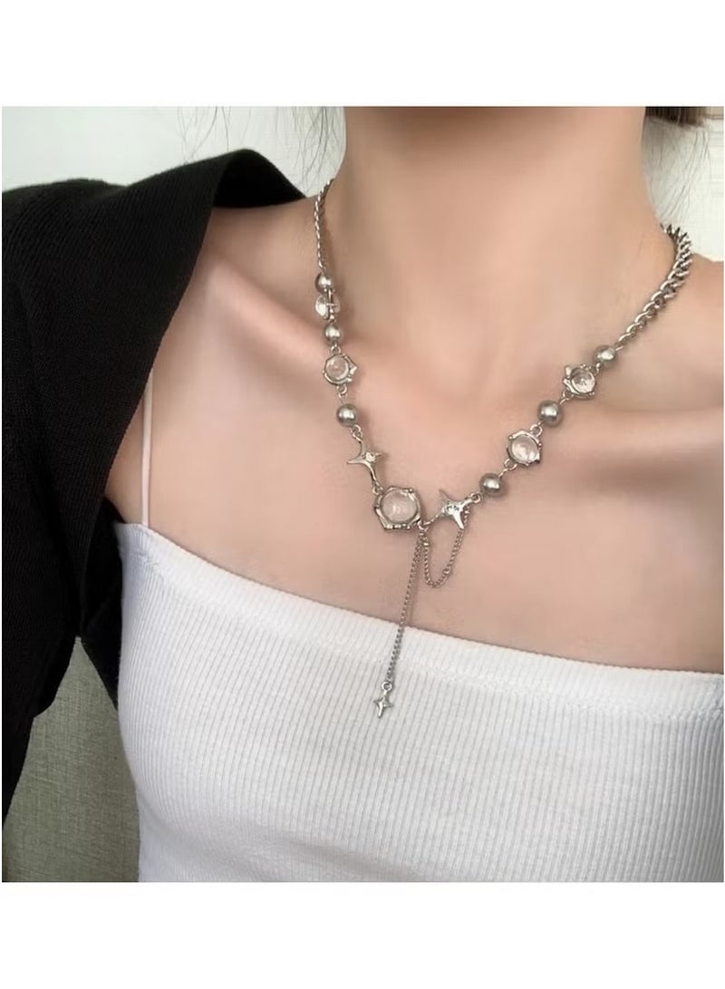 Huitich Charm Statement Necklace with Star & Orb Accents – Silver Color Tone - Image 4