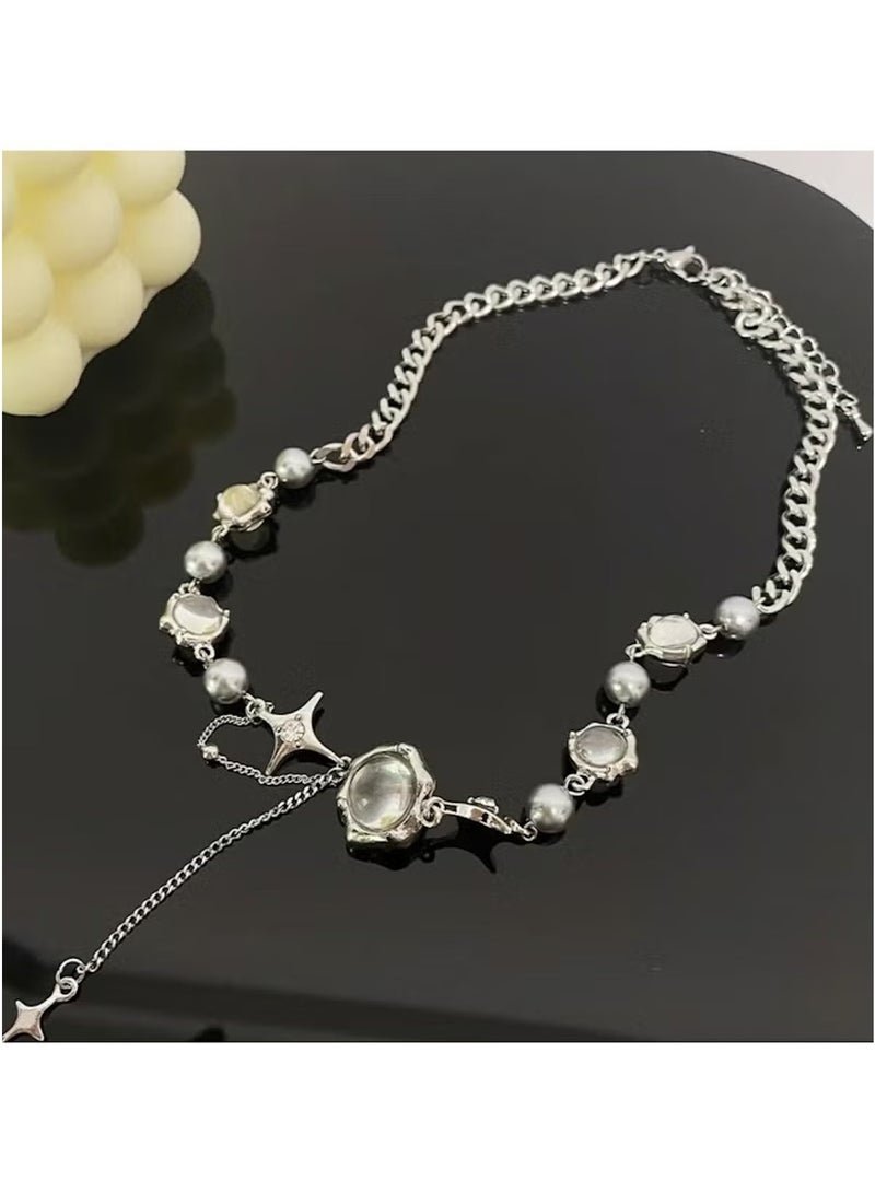 Huitich Charm Statement Necklace with Star & Orb Accents – Silver Color Tone - Image 3