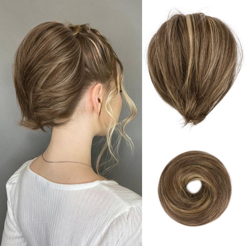BARSDAR Highlight Hair Bun Extensions Short Straight Ponytail Hair Bun Extensions for Women Synthetic Elastic Hair Bun Scrunchies Hairpieces Daily Brown Ash Blonde Highlights