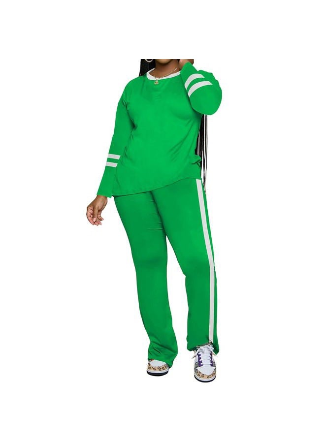 PINSV 2 Piece Sets for Women Fall Casual Outfits Long Sleeve Top and Flare Pants Lounge Sets Track suit, Green, S - Image 3