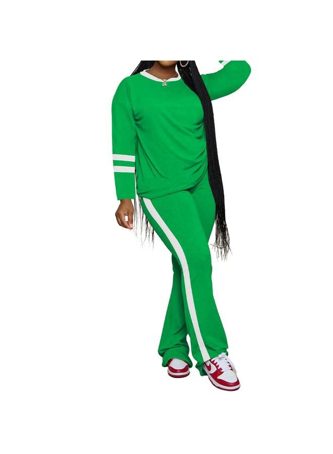 PINSV 2 Piece Sets for Women Fall Casual Outfits Long Sleeve Top and Flare Pants Lounge Sets Track suit, Green, S - Image 1