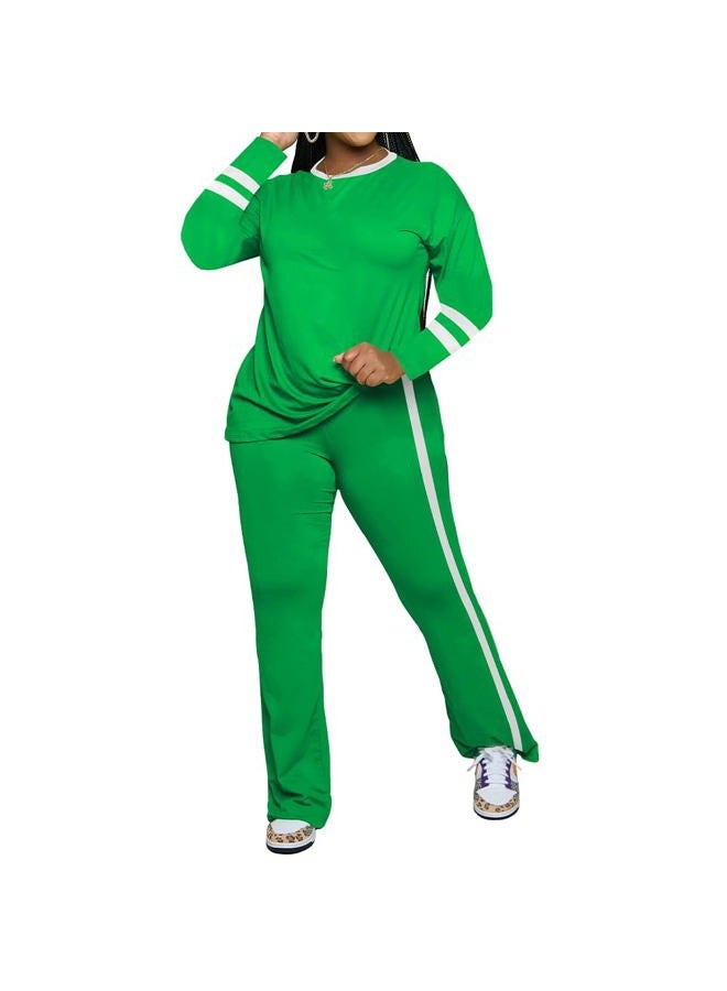 PINSV 2 Piece Sets for Women Fall Casual Outfits Long Sleeve Top and Flare Pants Lounge Sets Track suit, Green, S - Image 2
