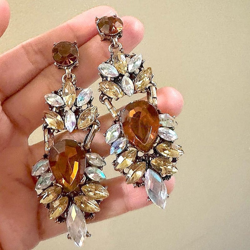 Uarein Vintage Rhinestone Earrings for Women Fancy Crystal Cluster Drop Earring Colorful Champagne Crystal Chandelier Statement Earring Prom Bridal Wedding Jewelry (Drop) - Image 4