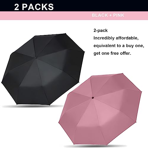 SIEPASA Two Packs Auto Open & Close Small Travel Umbrella Compact for Backpack-Umbrellas for Rain, Windproof Lightweight Strong Mini Portable Umbrellas for Men and Women.(Black & Pink, 2 Pack) - Image 2