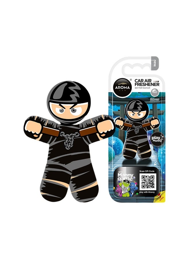 أروما معطر جو للسيارة من أروما، ماني ذا نينجا (برائحة فضية)، غير سام، صديق للبيئة، رائحة تدوم طويلاً، يعمل بتدفق الهواء، مقاوم للانسكاب، يُثبت على فتحة تهوية السيارة، آمن للأطفال/الحوامل، تصميم أنيق وجميل. - Image 1