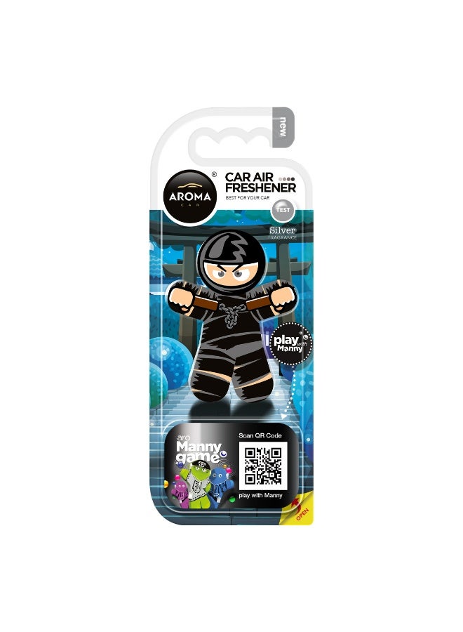 أروما معطر جو للسيارة من أروما، ماني ذا نينجا (برائحة فضية)، غير سام، صديق للبيئة، رائحة تدوم طويلاً، يعمل بتدفق الهواء، مقاوم للانسكاب، يُثبت على فتحة تهوية السيارة، آمن للأطفال/الحوامل، تصميم أنيق وجميل. - Image 2