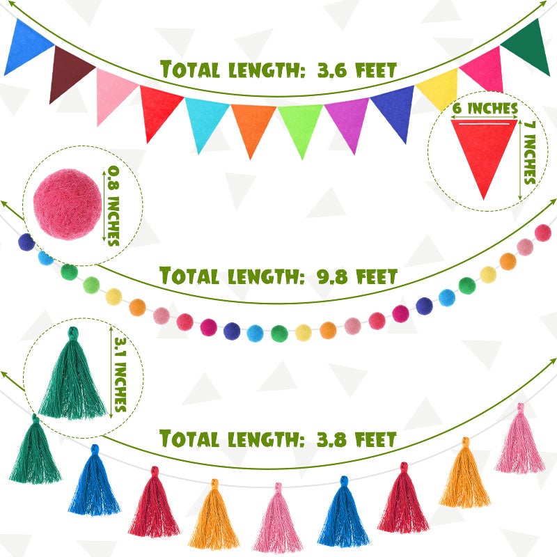 Irenare 9.8 Feet Christmas Pom Pom Garland Felt Fabric Garland Set Colorful Tassel Garland 3.6 Feet Felt Pennant Banner for Xmas Tree Classroom School Christmas Fireplace Birthday Party(Multicolor) - Image 2