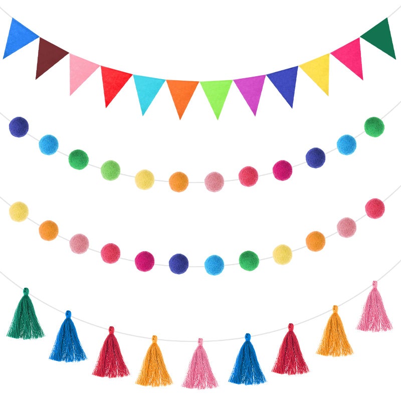 Irenare 9.8 Feet Christmas Pom Pom Garland Felt Fabric Garland Set Colorful Tassel Garland 3.6 Feet Felt Pennant Banner for Xmas Tree Classroom School Christmas Fireplace Birthday Party(Multicolor) - Image 1