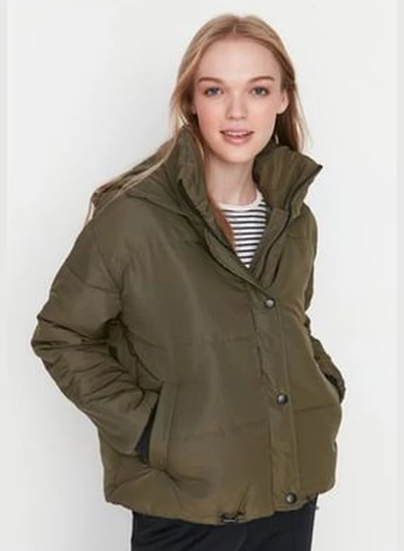 trendyol Khaki Oversize Hooded Zippered Down Jacket TWOAW21MO0144
