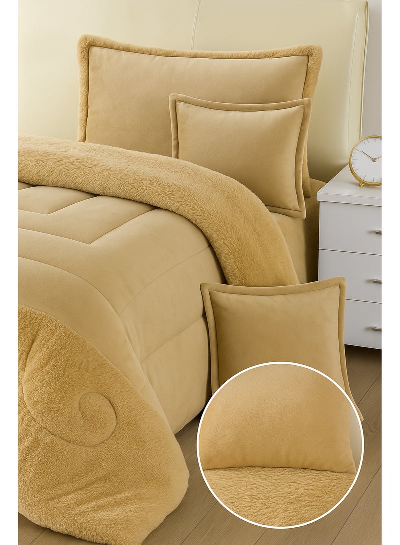 مون مفرش شتوي نفر ونص نظام وجهين (مخمل × فرو) – طقم مفارش 4 قطع يشمل لحاف، شرشف مطاطي، غطاء وسادة وغطاء مخدة، يناسب سرير مقاس 120×200 سم - Image 4
