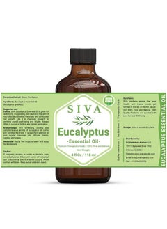 SIVA ORGANICS Siva Eucalyptus Essential Oil 4 Fl Oz with Premium Glass Dropper – 100% Pure, Natural, Undiluted, Therapeutic Grade, Great for Rejuvenated Skin, Hair Care, Diffuser, Aromatherapy, Soaps & Candles  - Image 1