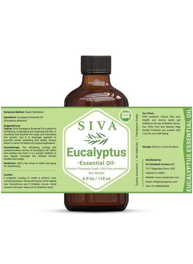 SIVA ORGANICS Siva Eucalyptus Essential Oil 4 Fl Oz with Premium Glass Dropper – 100% Pure, Natural, Undiluted, Therapeutic Grade, Great for Rejuvenated Skin, Hair Care, Diffuser, Aromatherapy, Soaps & Candles  - Image 1