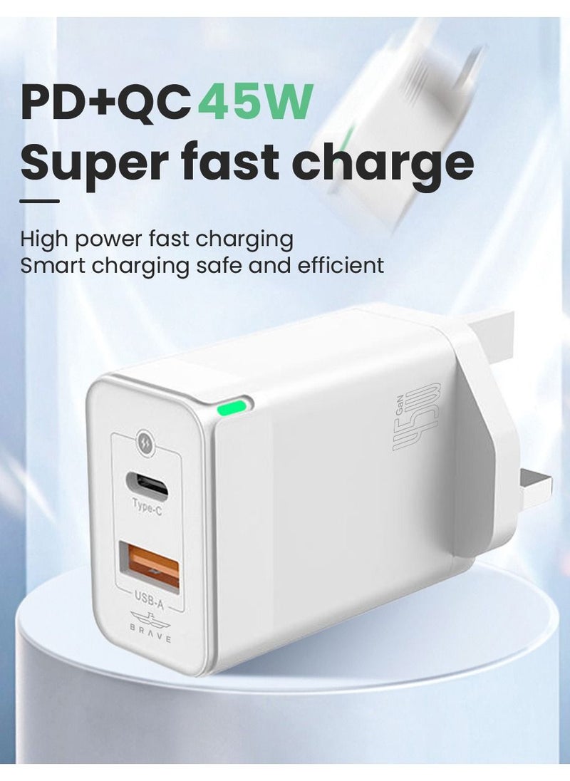 Brave - 45W USB C Fast Charger GaN Compact Smart Travel Wall Charger 2-Port PD 3.0 Type C Power Adapter Compatible with iPhone 15 Pro Max/ Plus/14/13/12/Pro/11/XS/XR/X/8, Samsung Galaxy S22 S21 S20, Pixel 6/6 - Image 1