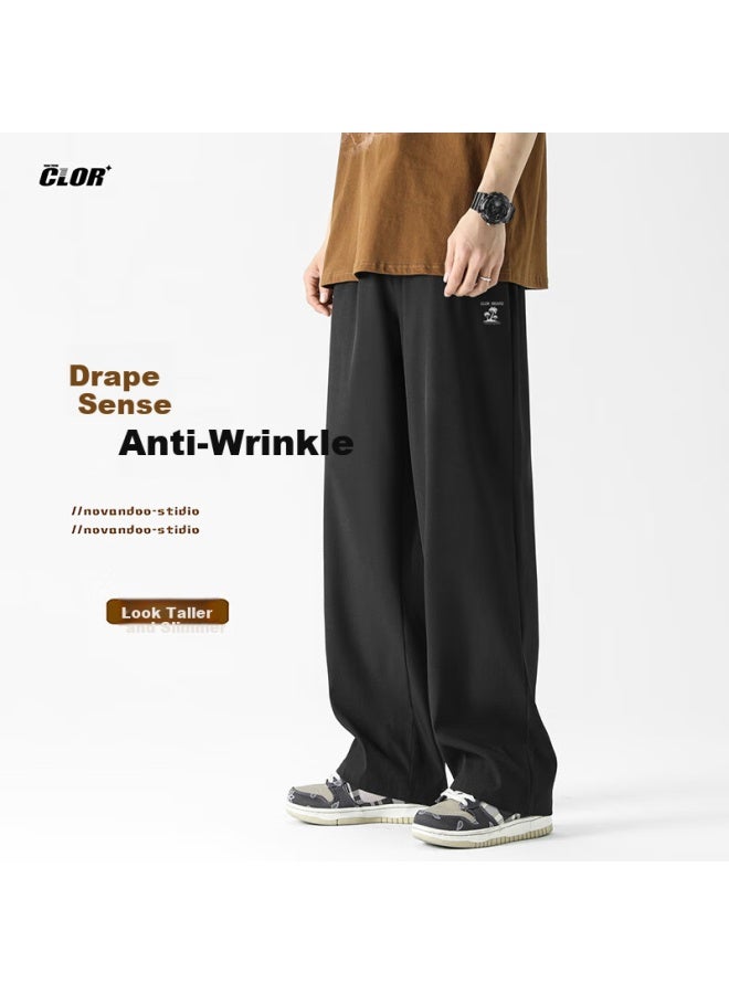 Clor Casual Pants For Men, Spring And Summer Trendy Sports Draping Breathable Loose Wide-leg Straight Trousers Cl01 Black M - Image 1