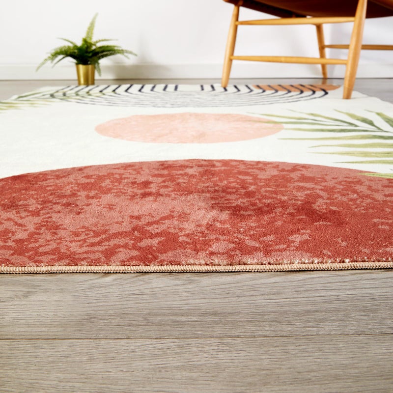 RoomTalks Boho Cute 3x5 Small Area Rugs Washable, Modern Abstract Geometric Shape with Tropical Leaves Non Slip Throw Rugs for Bedroom Kitchen Entryway Indoor Botanical Accent Carpet - Image 5