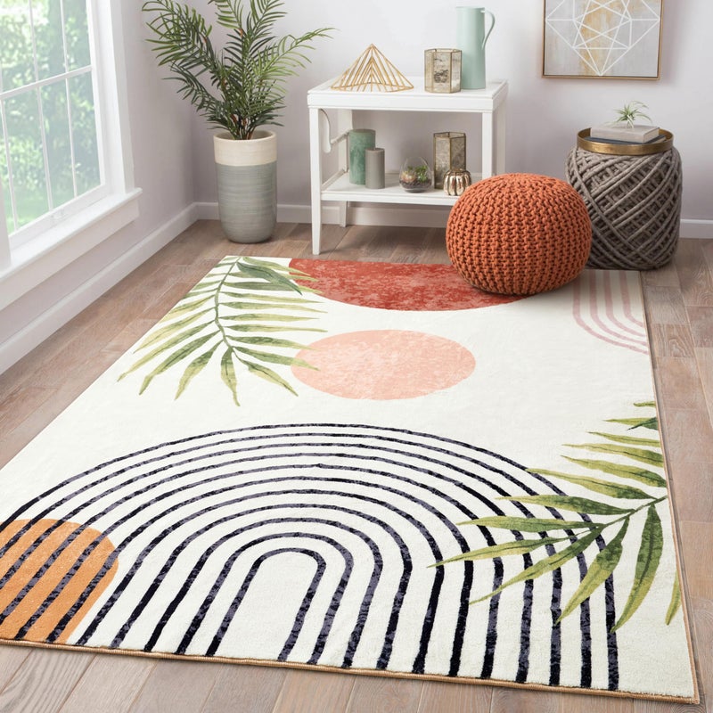 RoomTalks Boho Cute 3x5 Small Area Rugs Washable, Modern Abstract Geometric Shape with Tropical Leaves Non Slip Throw Rugs for Bedroom Kitchen Entryway Indoor Botanical Accent Carpet - Image 1